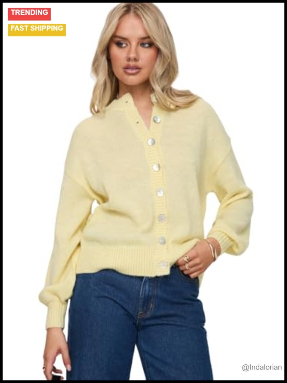 Knit Button-Down Cardigan with Drop Shoulders and Ruched Cuffs